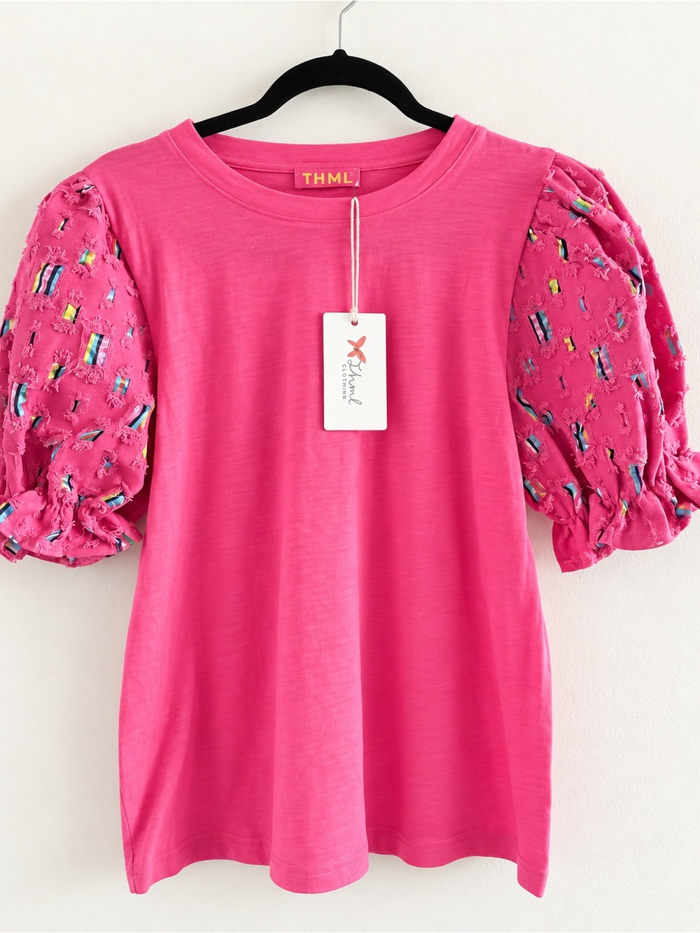 THML Hot Pink Puff Sleeve Knit Top with Embroidered Details
